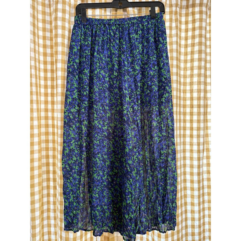Blue and Green Floral Pleated Maxi Skirt